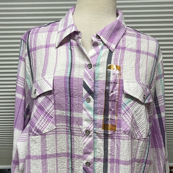 2X // Northcrest NWT Violet Plaid Long Sleeve Button Down Shirt - Picture 2 of 9